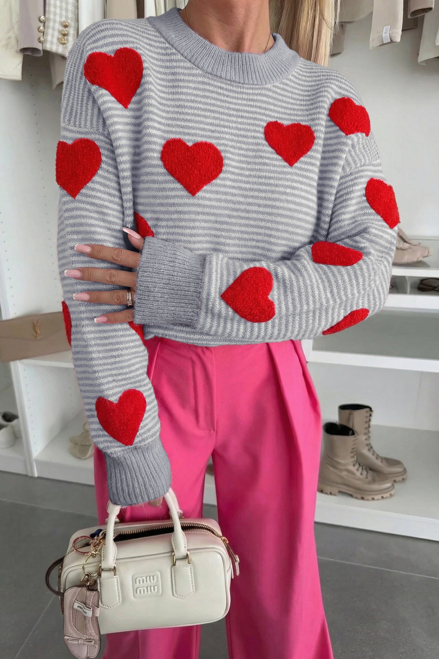 Gray Stripe Contrast Heart Pattern Knit Sweater