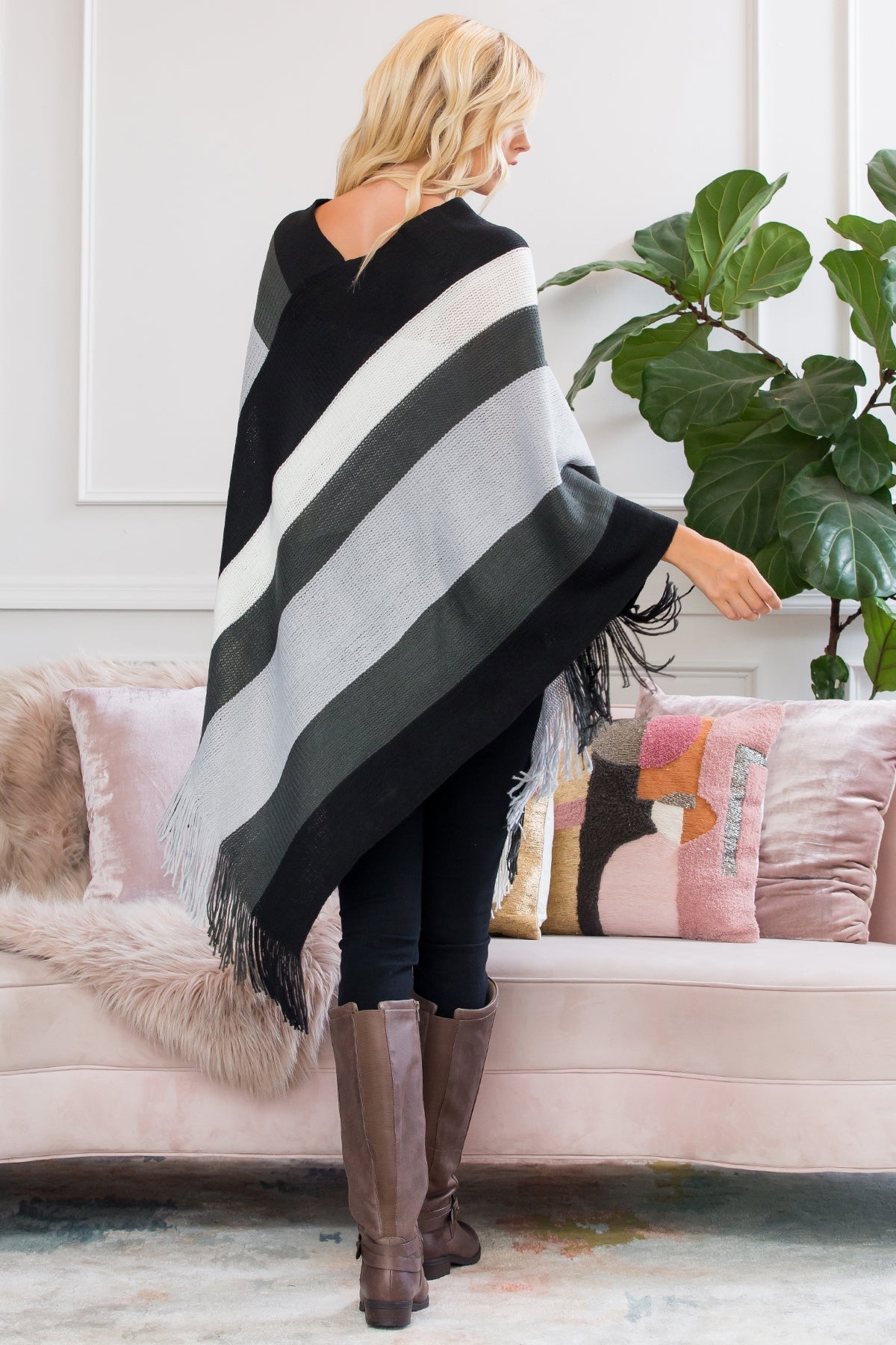 Color Block Fringe Poncho