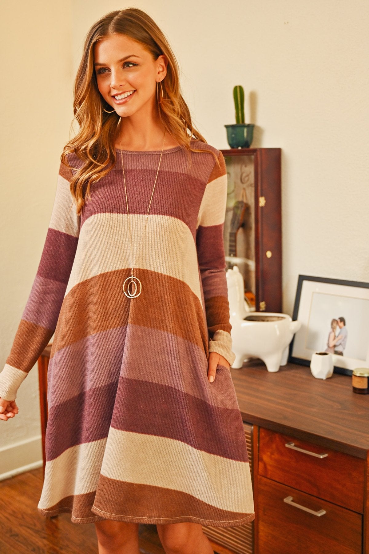 Long Sleeved Rib Stripe Pocket Dress