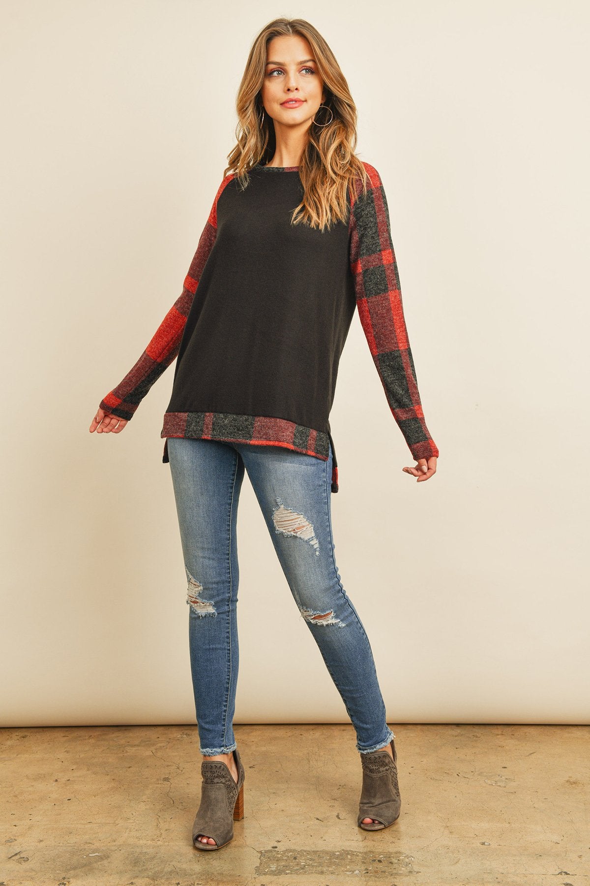 Brush Hacci Plaid Contrast Long Back Hem Top