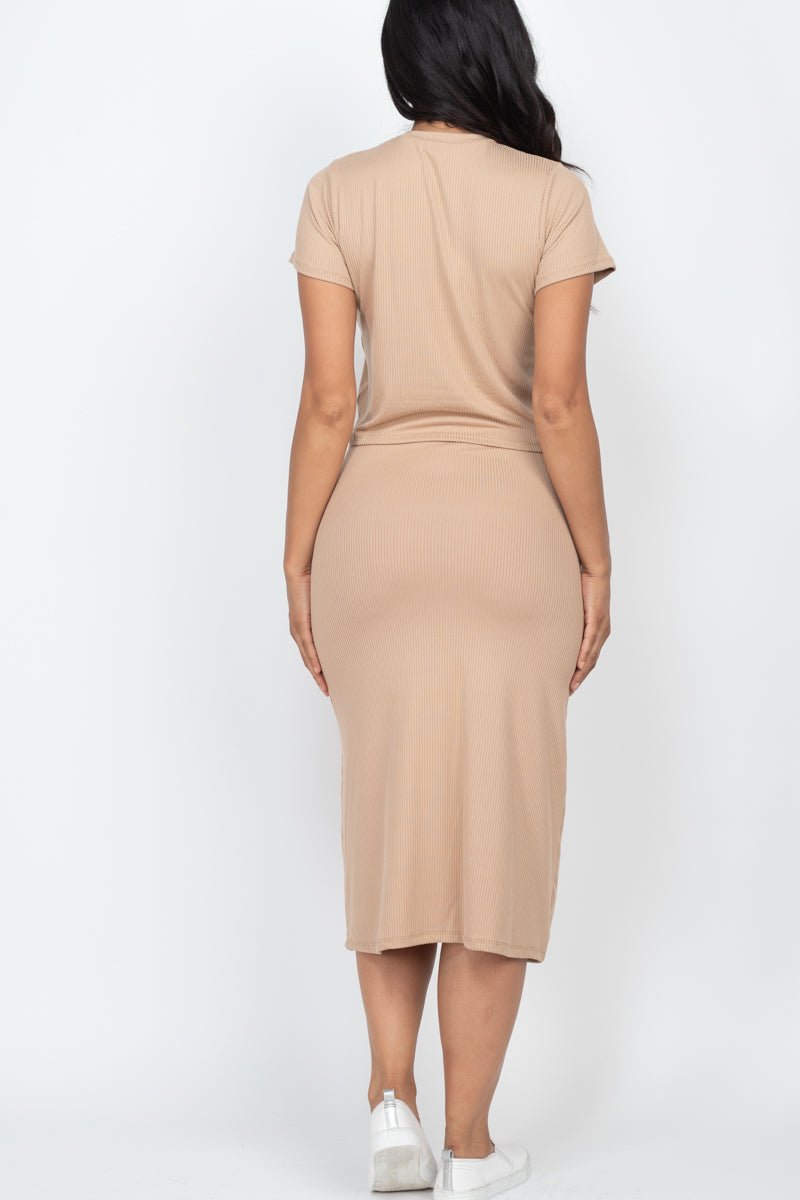 Short Sleeve Ribbed Top & Midi Skirt Set (CAPELLA)