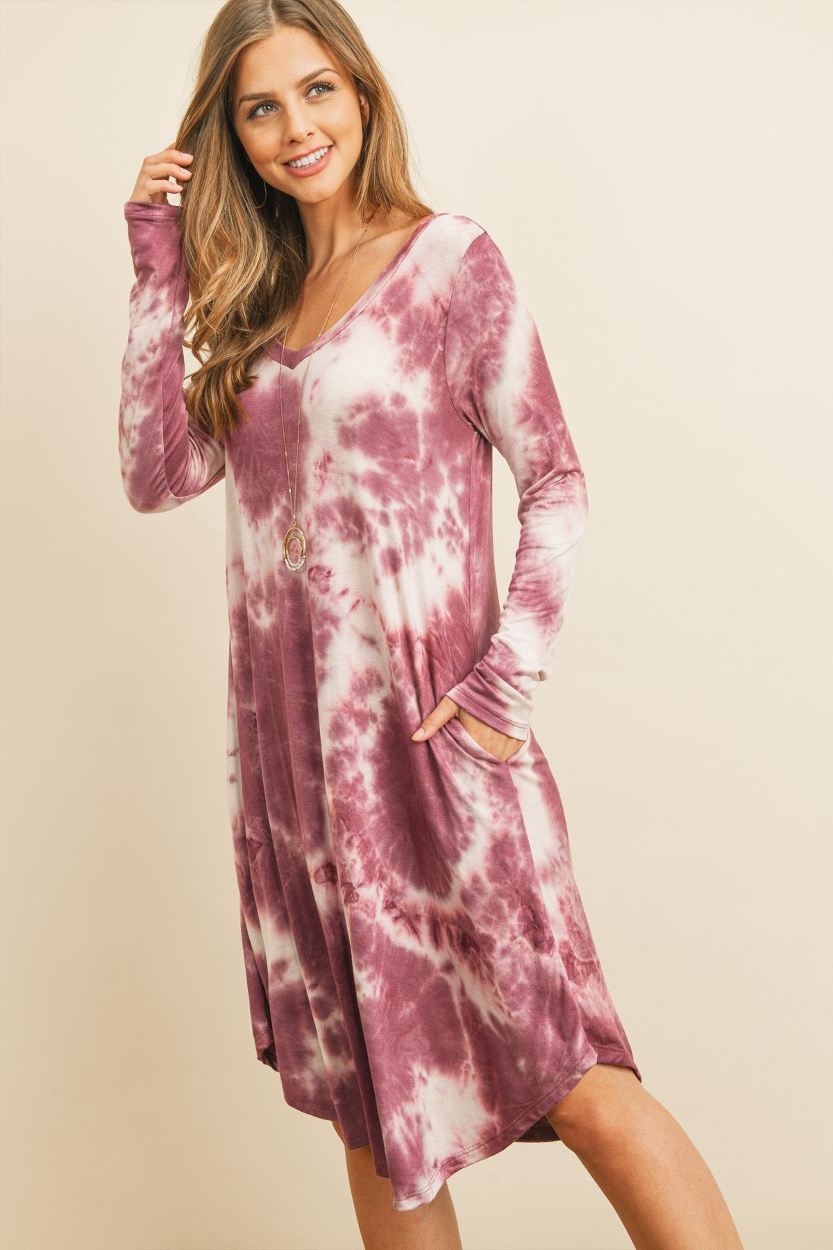 Tie Dye V-Neck Rounded Hem Midi Dress