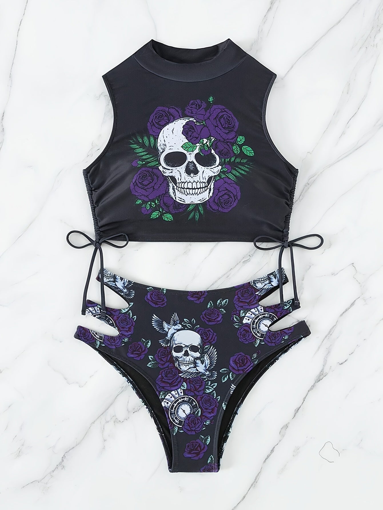 Skull & Roses Lace-Up Bikini Set