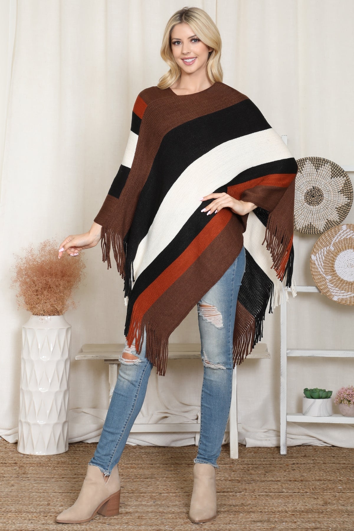 Color Block Fringe Poncho