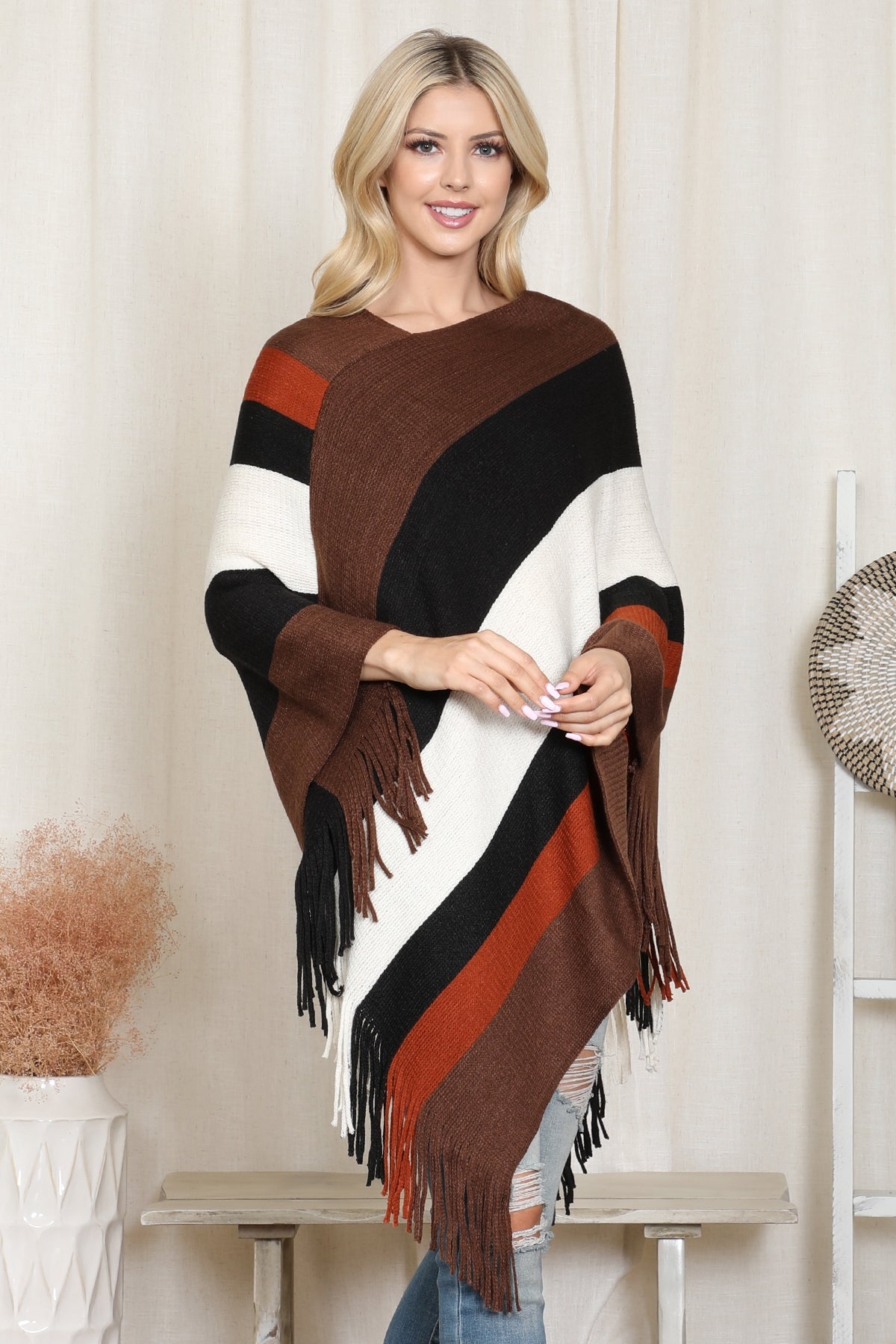 Color Block Fringe Poncho