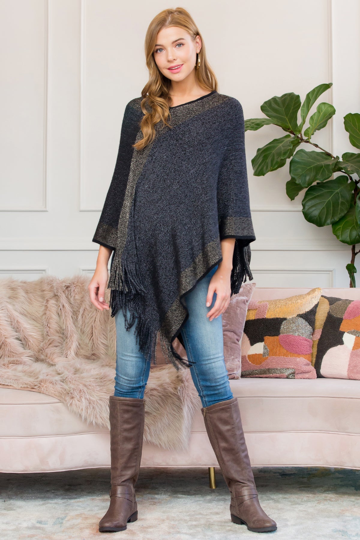 Ultra Soft Two Tone Fringe Poncho