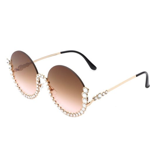 Gloriana - Women Circle Half Frame Oversize Rhinestone Fashion Round Sunglasses