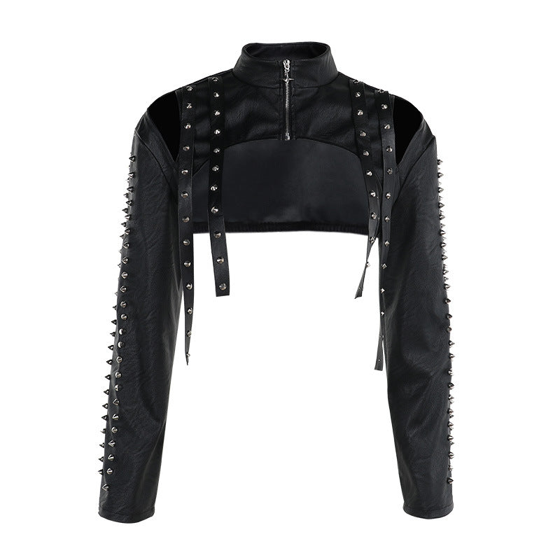Black Faux Leather Cropped Jacket with Spikes and Cutout