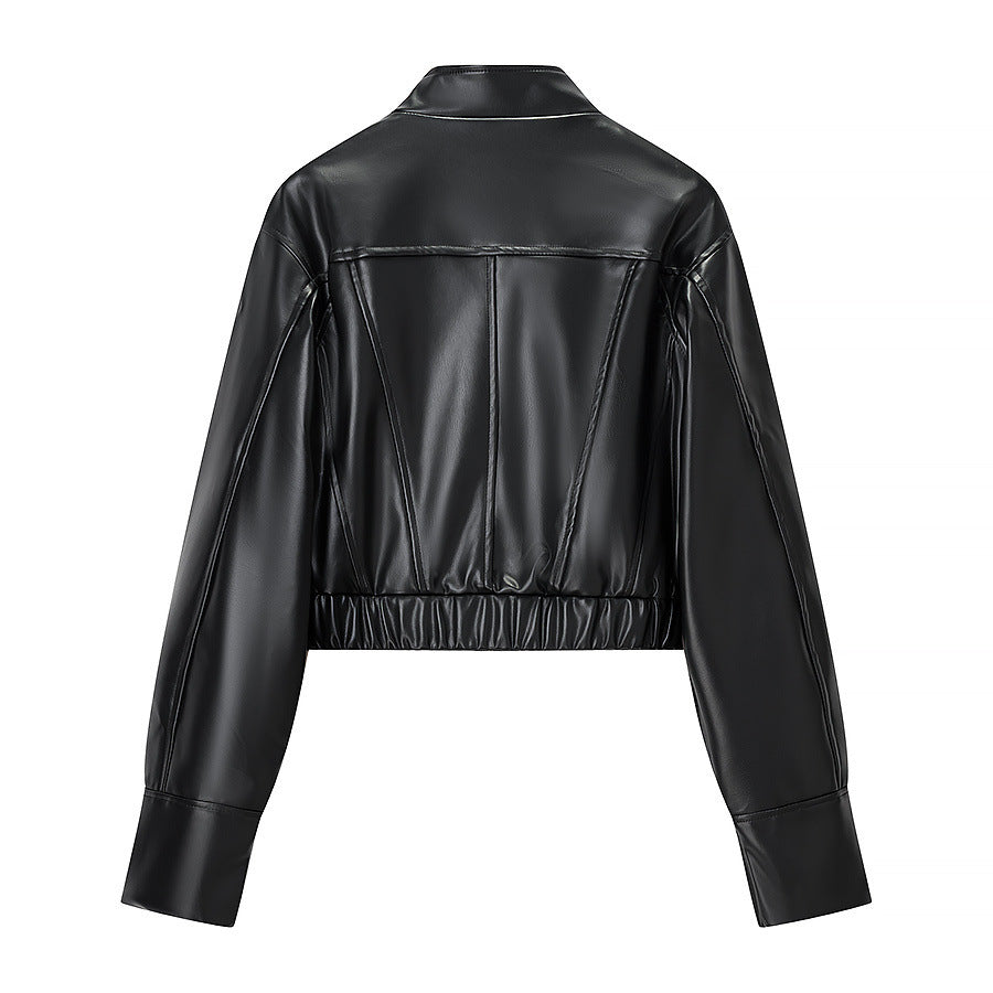 Black Faux Leather Cropped Jacket with Mandarin Collar
