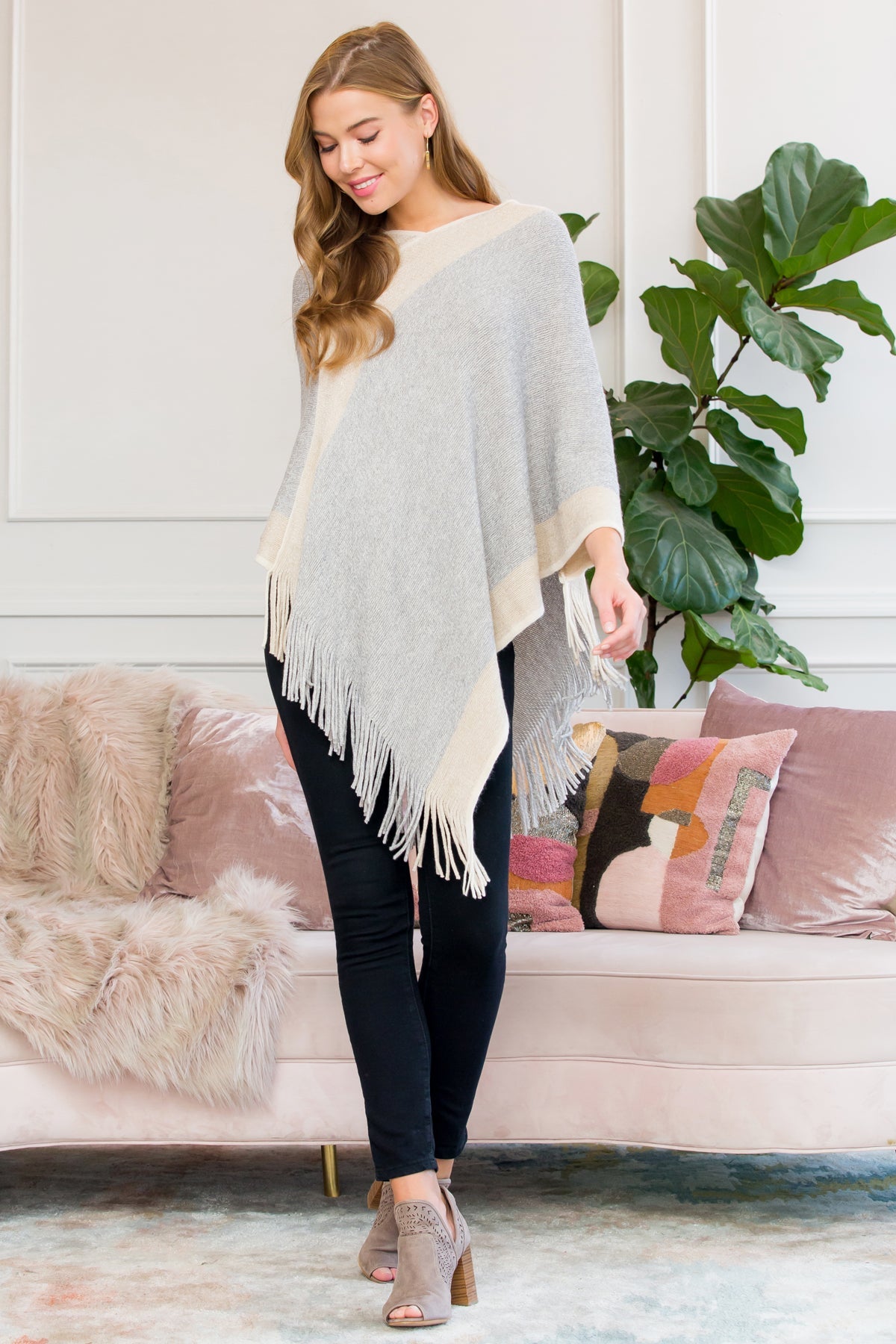 Ultra Soft Two Tone Fringe Poncho