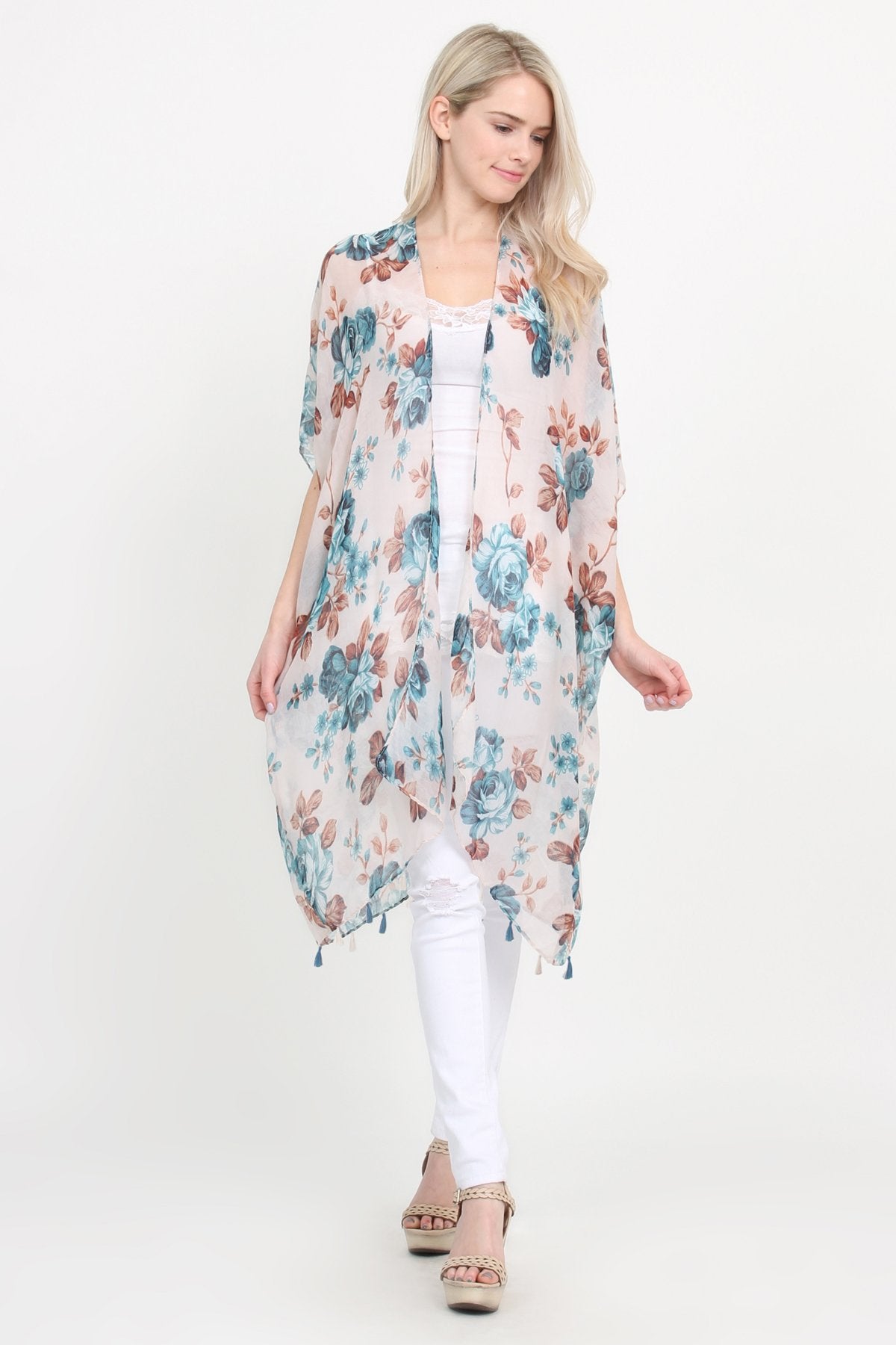 Open Front Knee Length Floral Cardigan