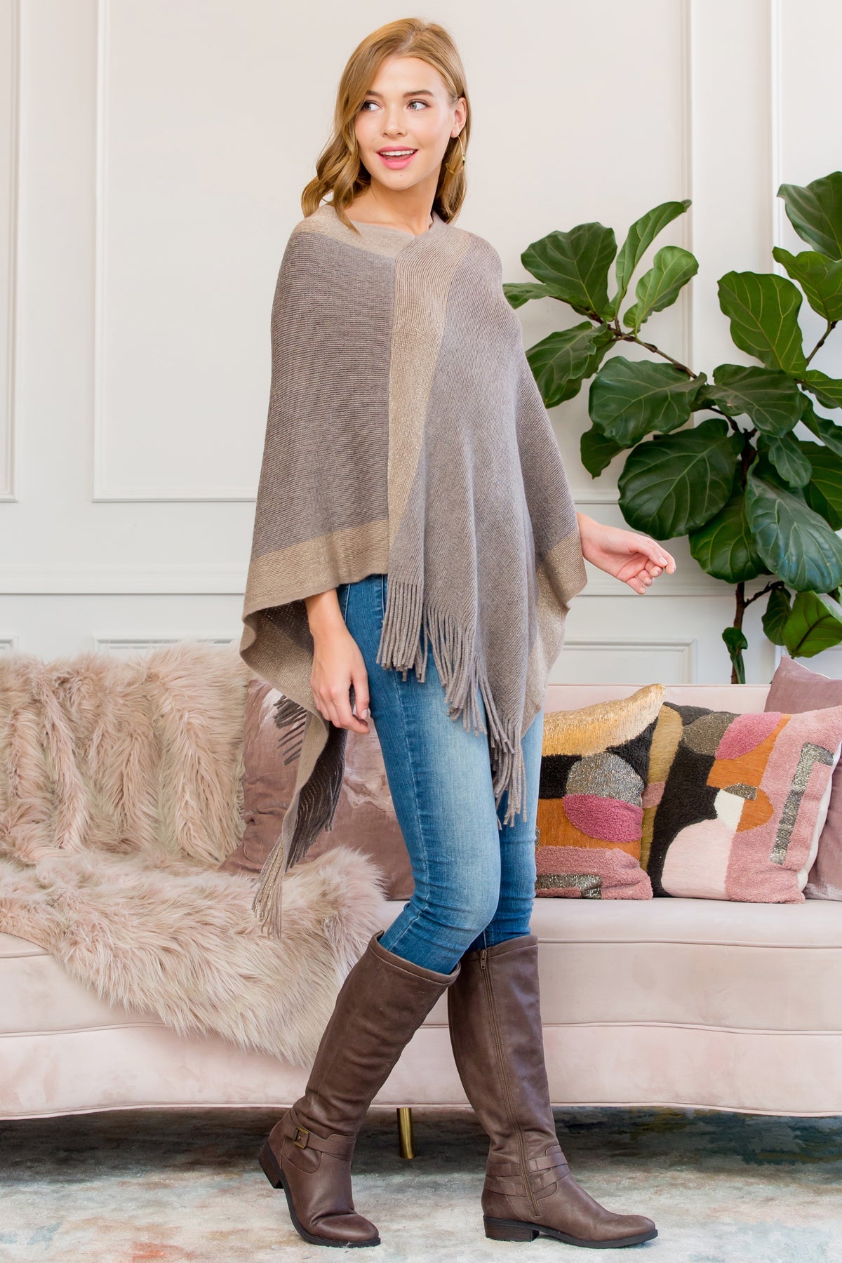 Ultra Soft Two Tone Fringe Poncho