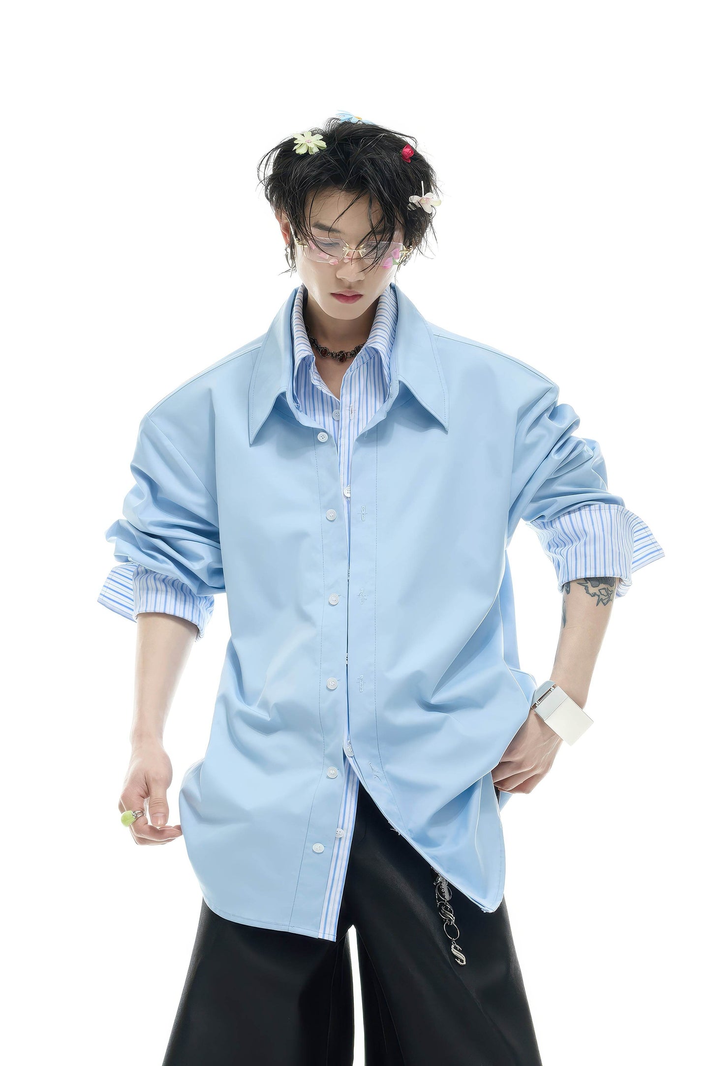 Deconstructed Stripe Shirt - Colorblock Layered Designer Top