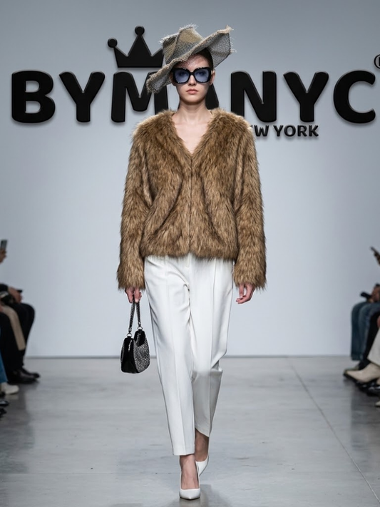 Collarless Shaggy Faux Fur Jacket in Honey Brown