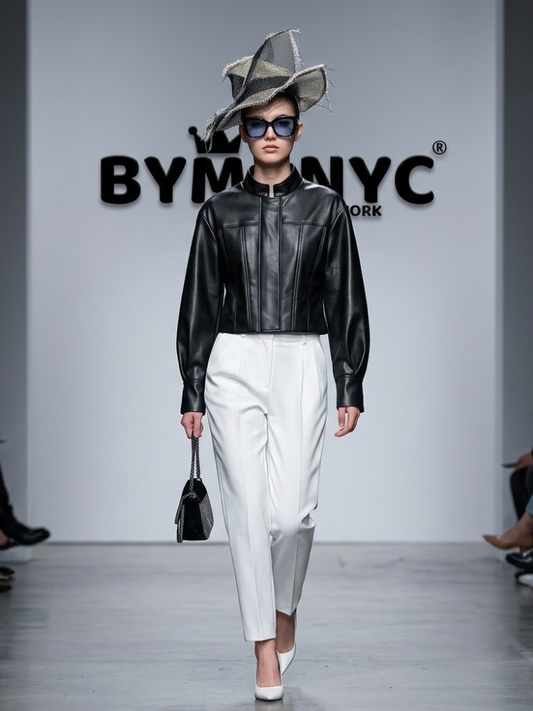 Black Faux Leather Cropped Jacket with Mandarin Collar