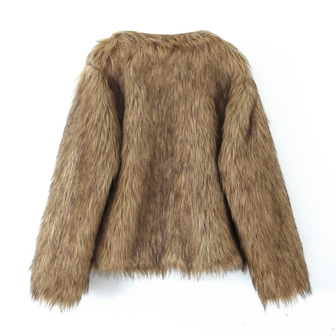Collarless Shaggy Faux Fur Jacket in Honey Brown