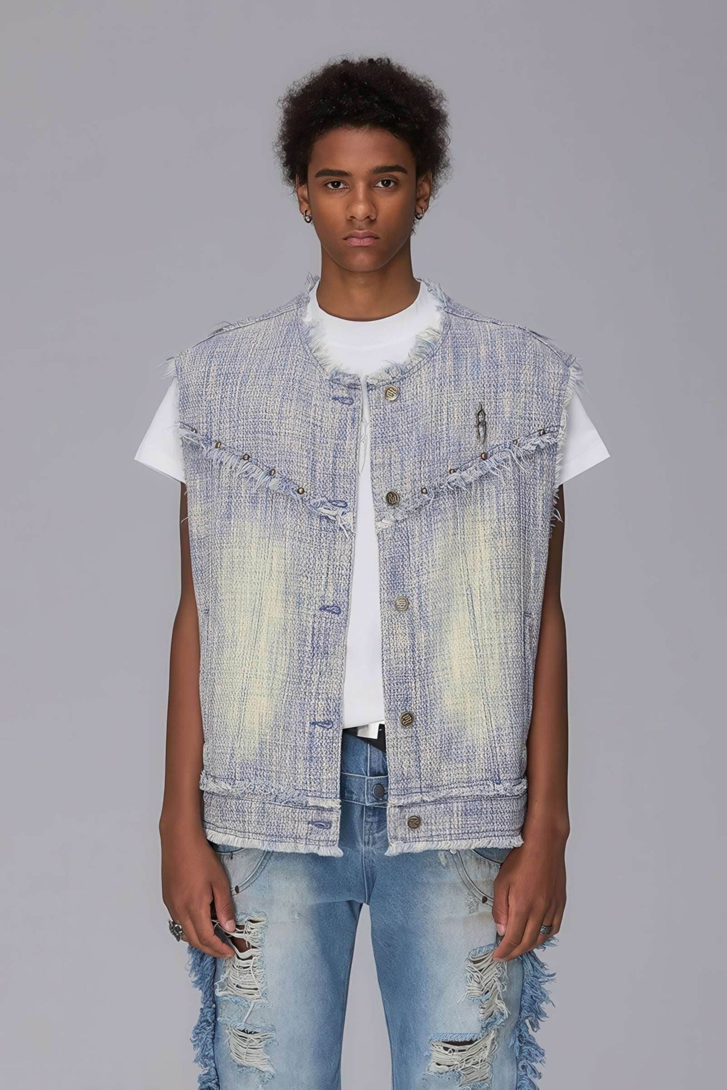 Distressed Denim Vest - Washed Rivet & Frayed Hem Design