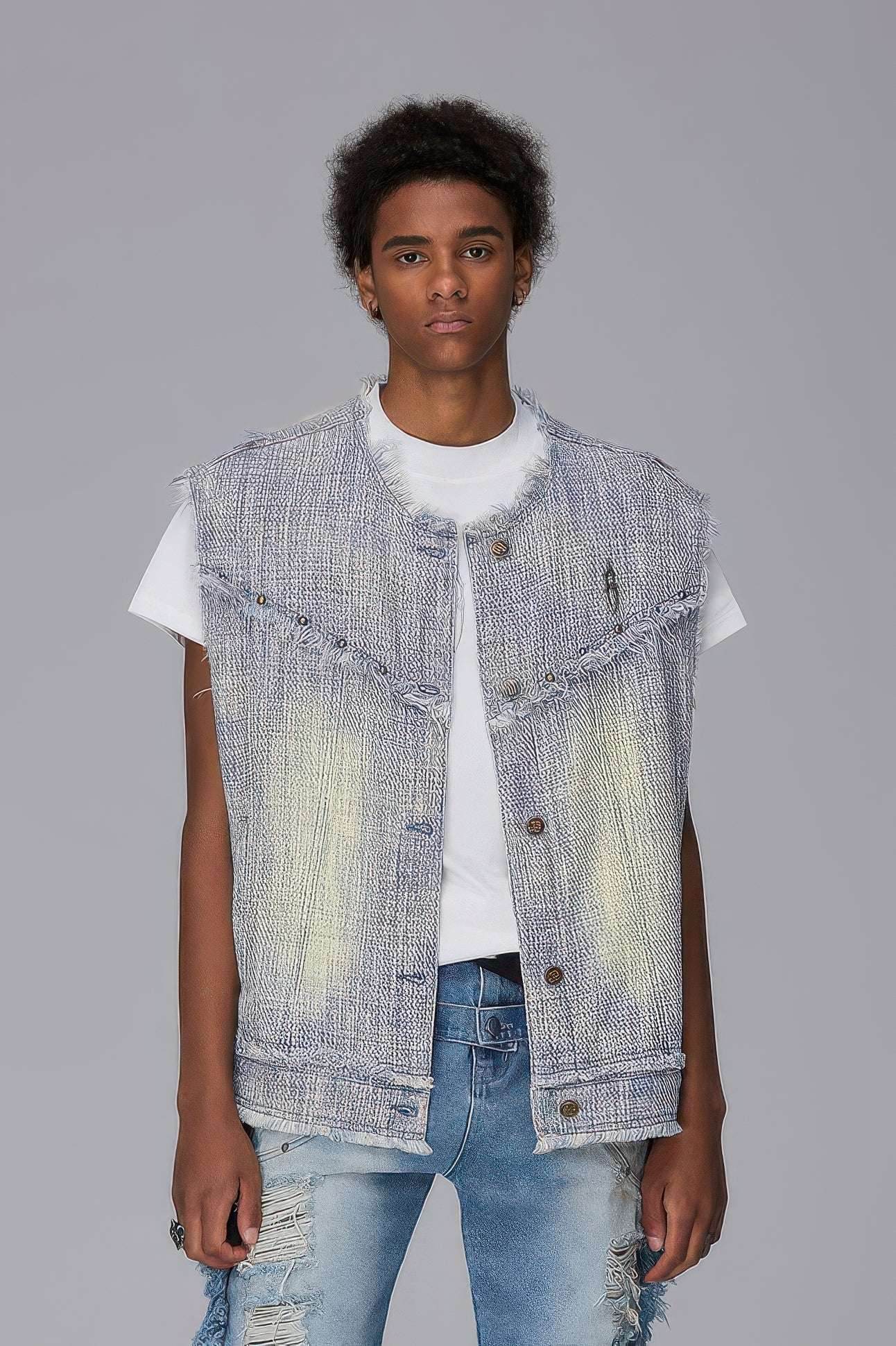 Distressed Denim Vest - Washed Rivet & Frayed Hem Design