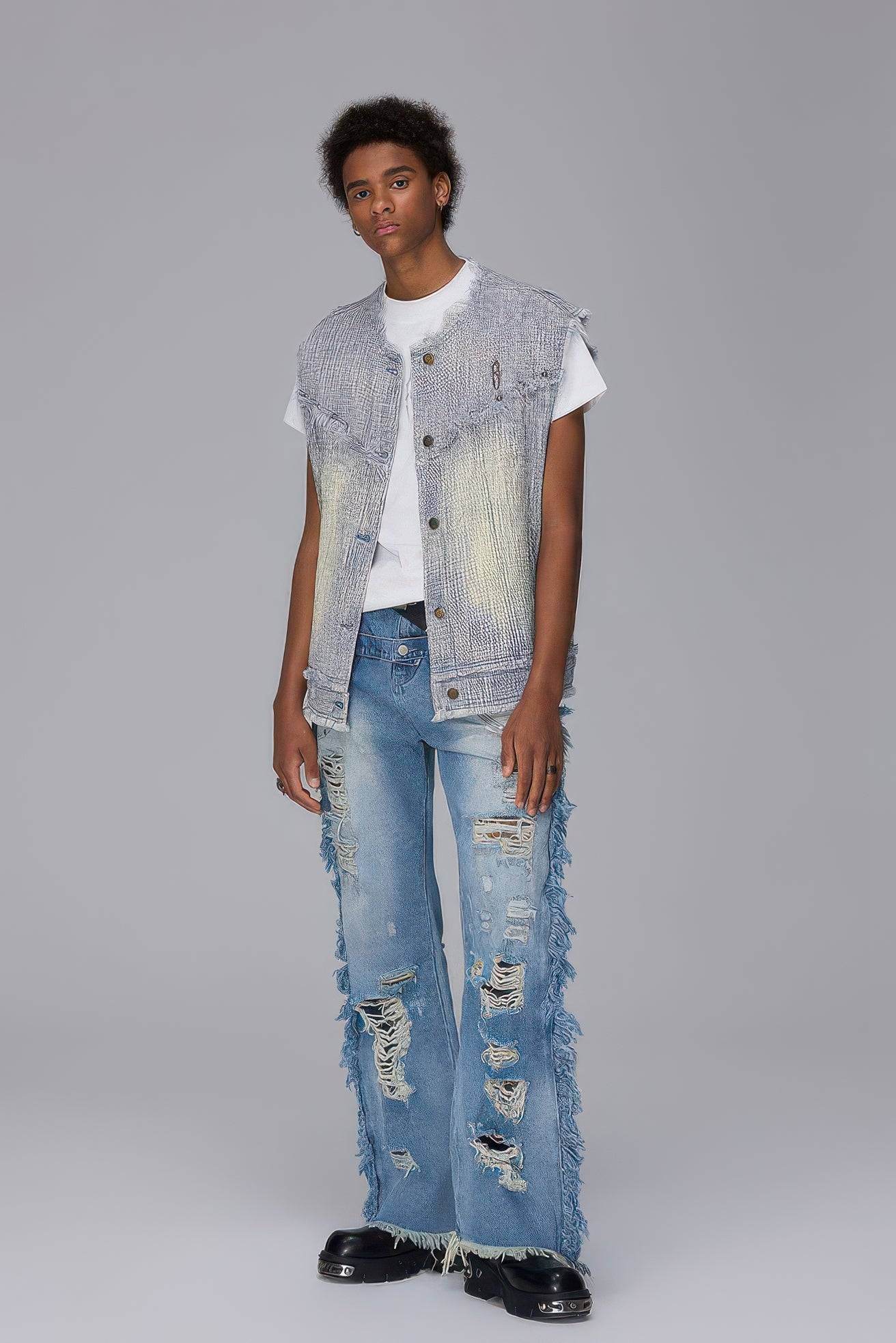 Distressed Denim Vest - Washed Rivet & Frayed Hem Design