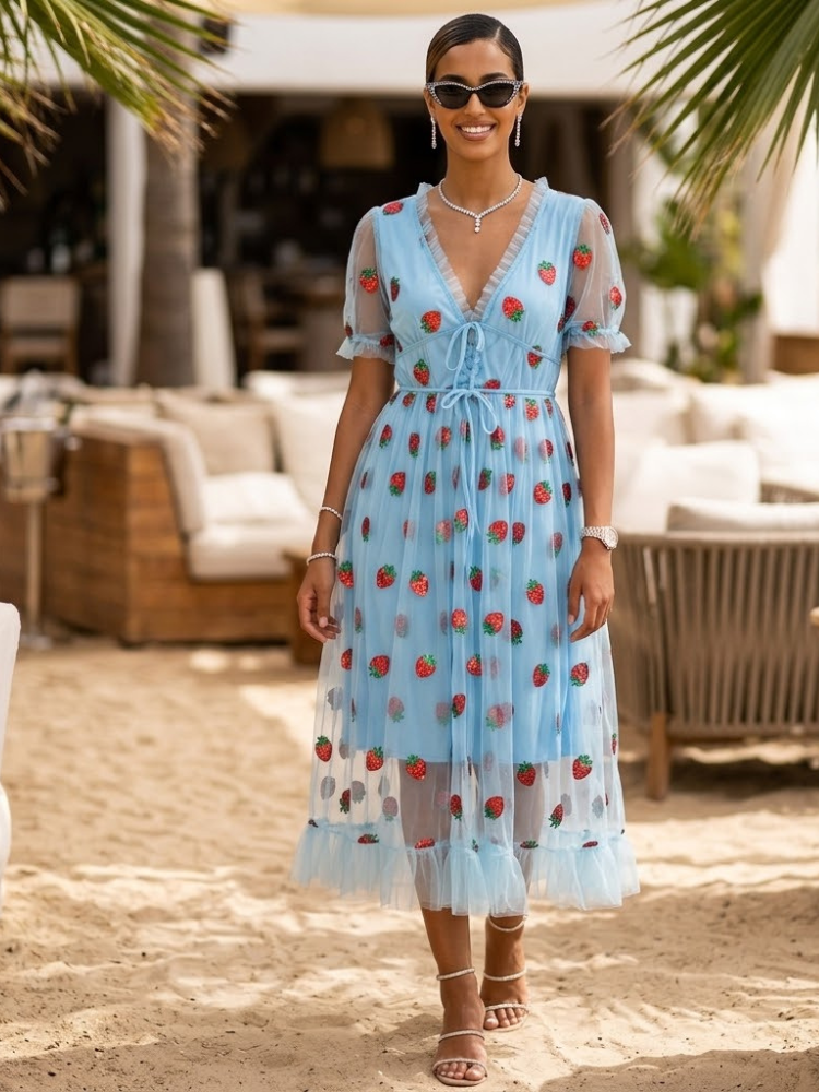 Turin Strawberry Embroidered Sheer Overlay Midi Dress