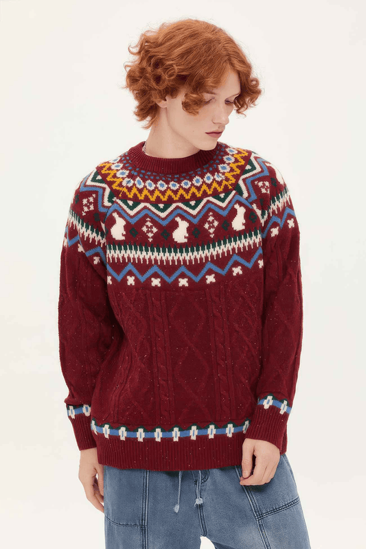 Fair Isle Red Holiday Knit Sweater - Cozy Oversized Pullover for Festive Vibes