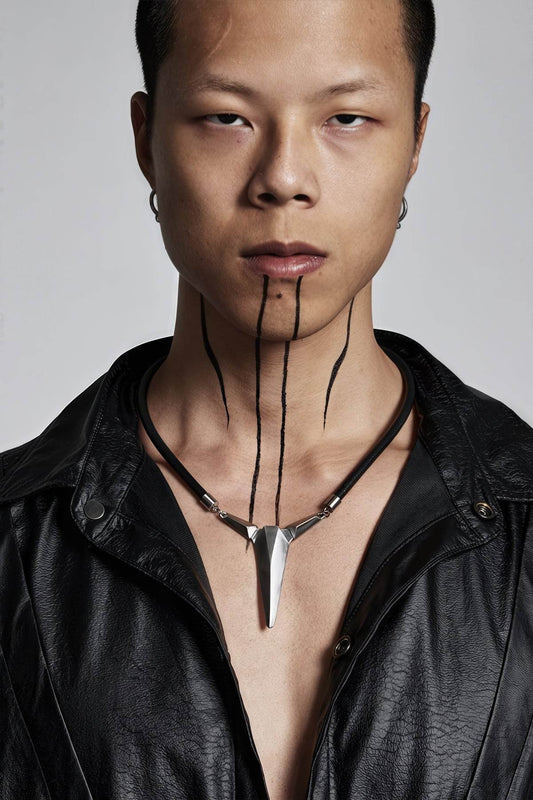 Geometric Zircon Pendant Necklace - Leather Cord Design