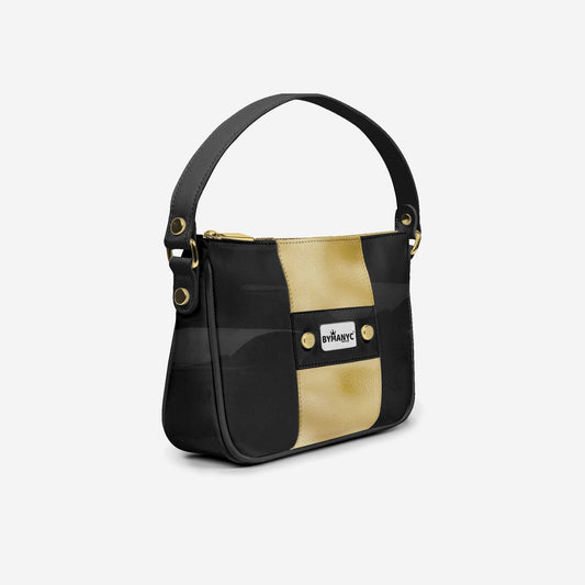 Bolso BYMANYC ® Nueva York – Correa vertical vegana de alta costura en negro y dorado de lujo