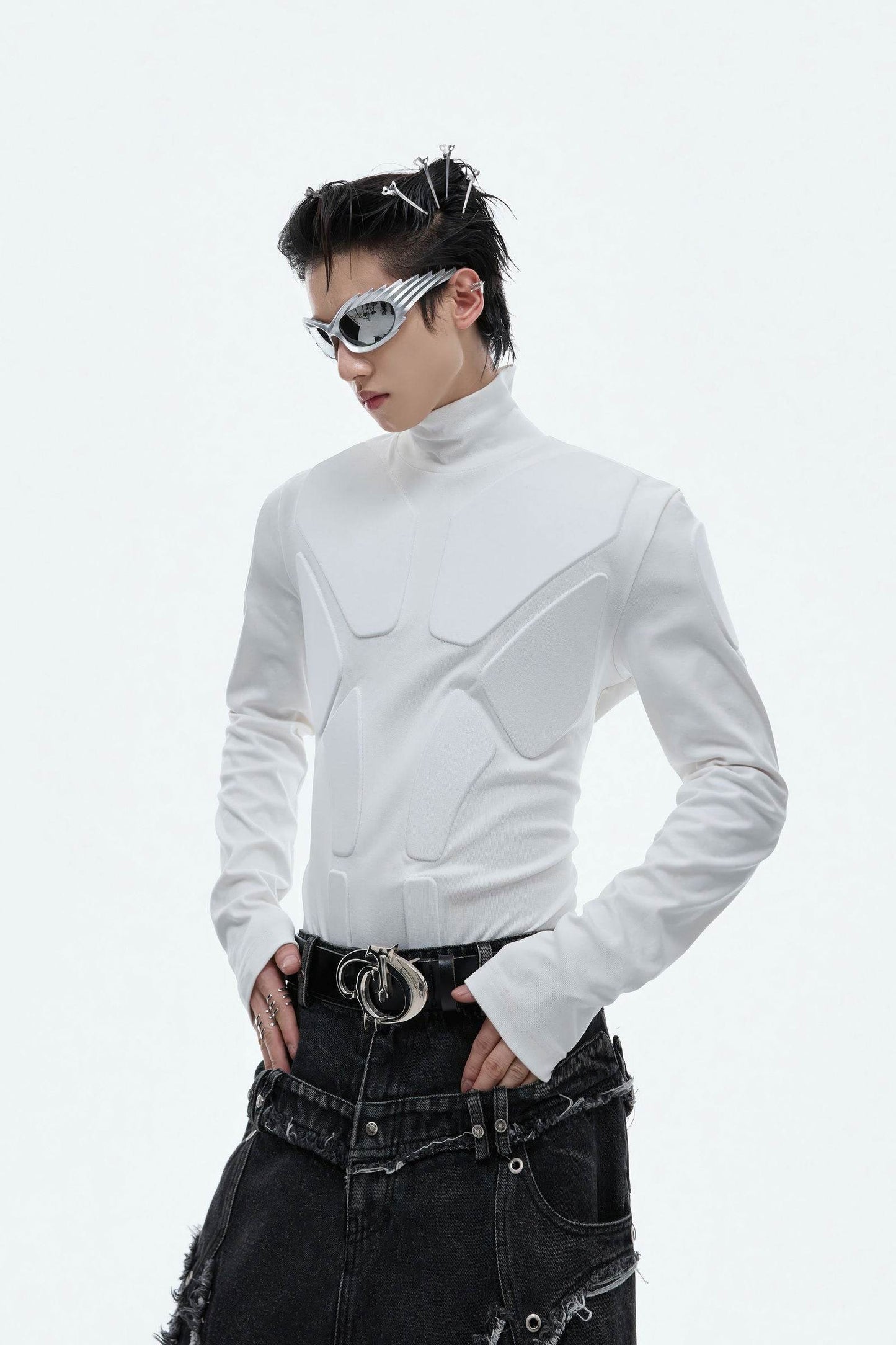 Heavy-Duty Armor-Inspired Black High Neck Long Sleeve Top - Slim Fit & Versatile