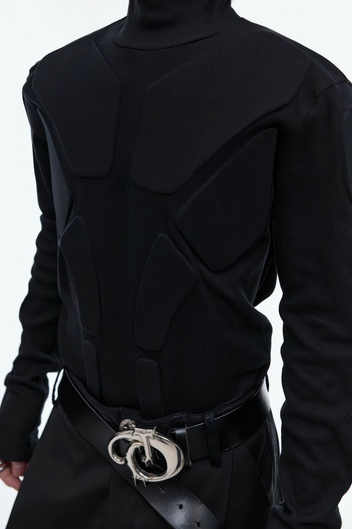 Heavy-Duty Armor-Inspired Black High Neck Long Sleeve Top - Slim Fit & Versatile