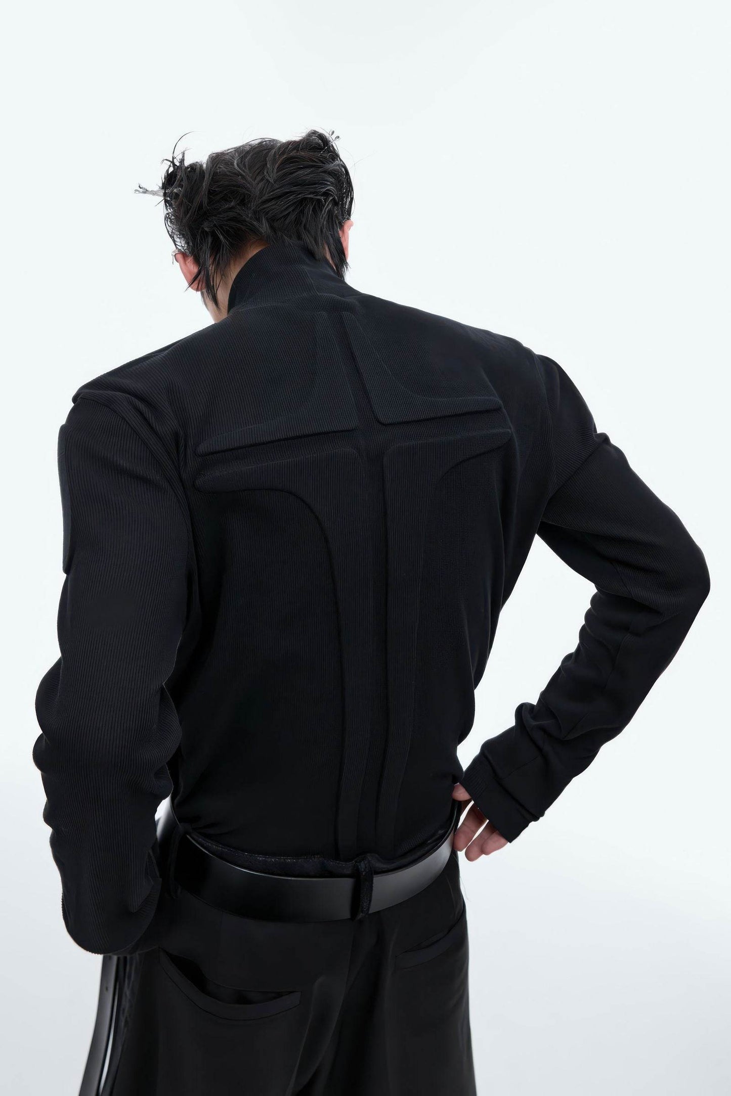 Heavy-Duty Armor-Inspired Black High Neck Long Sleeve Top - Slim Fit & Versatile