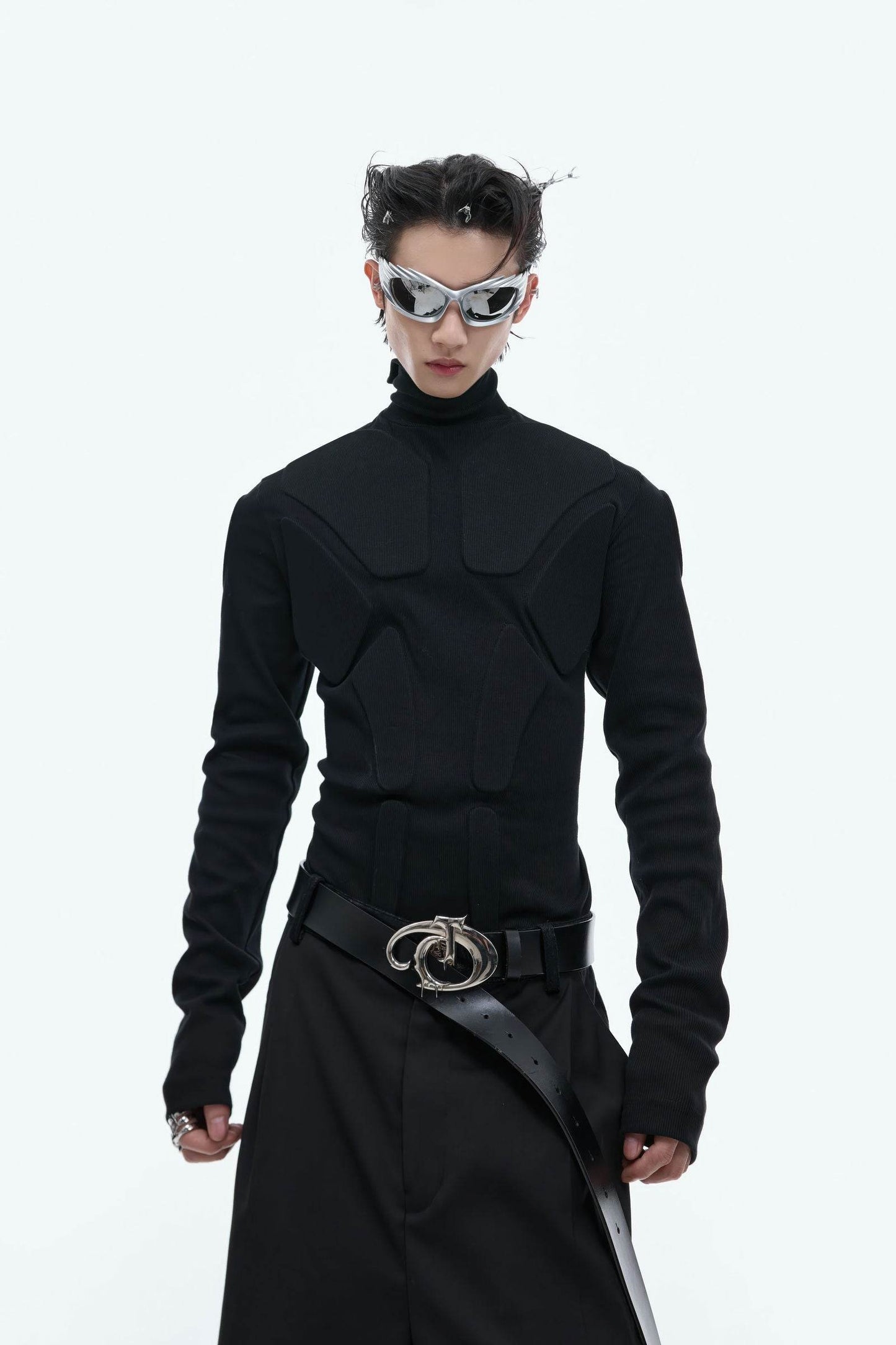 Heavy-Duty Armor-Inspired Black High Neck Long Sleeve Top - Slim Fit & Versatile