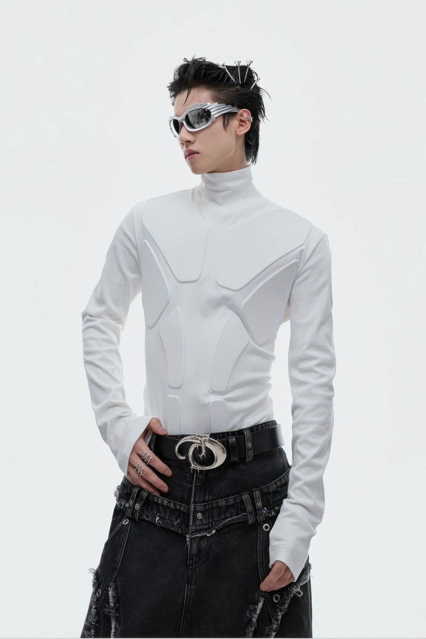 Heavy-Duty Armor-Inspired Black High Neck Long Sleeve Top - Slim Fit & Versatile