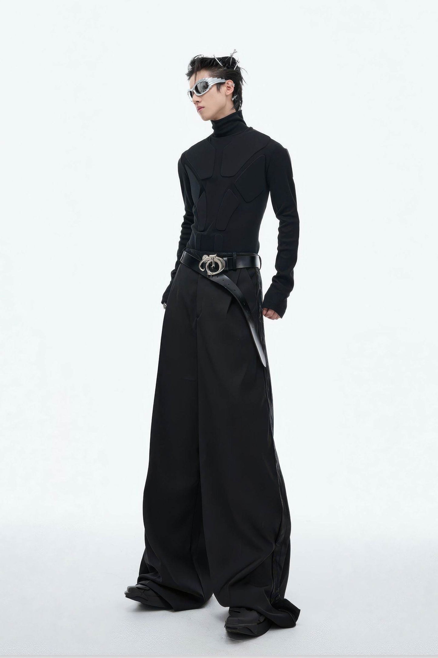 Heavy-Duty Armor-Inspired Black High Neck Long Sleeve Top - Slim Fit & Versatile