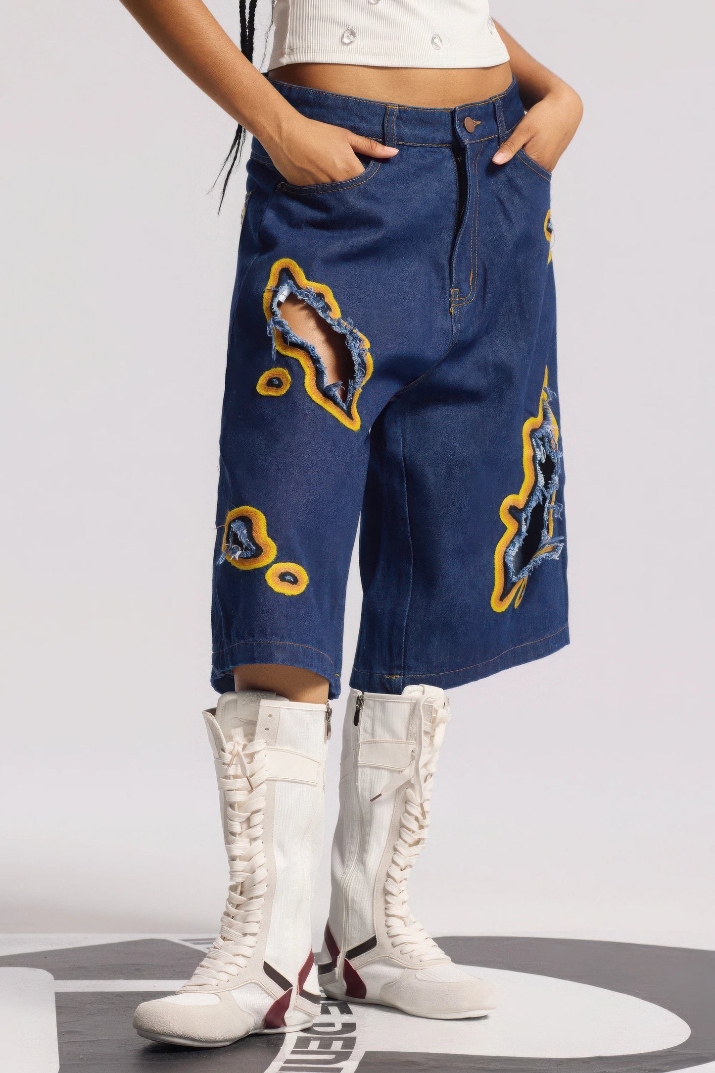 Flame Burnout Distressed Denim Shorts – Bold, Streetwear-Inspired Design