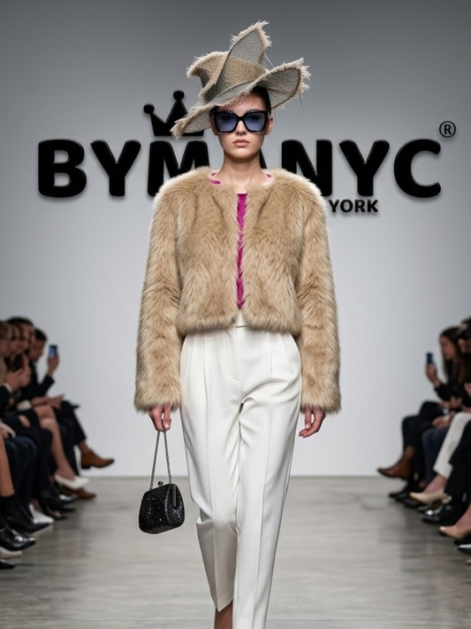 Fluffy Beige Cropped Jacket with Hot Pink Lining