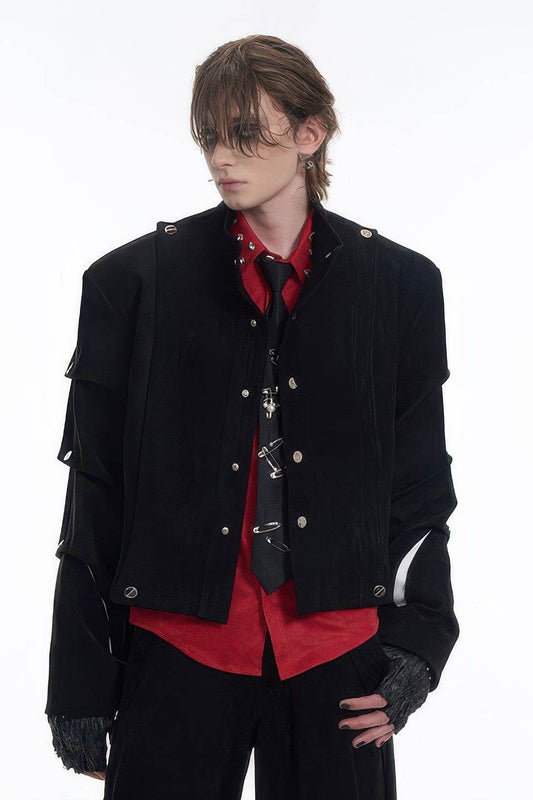 Men's Black Suede Short Jacket - Spring Crinkle Sleeve Coat