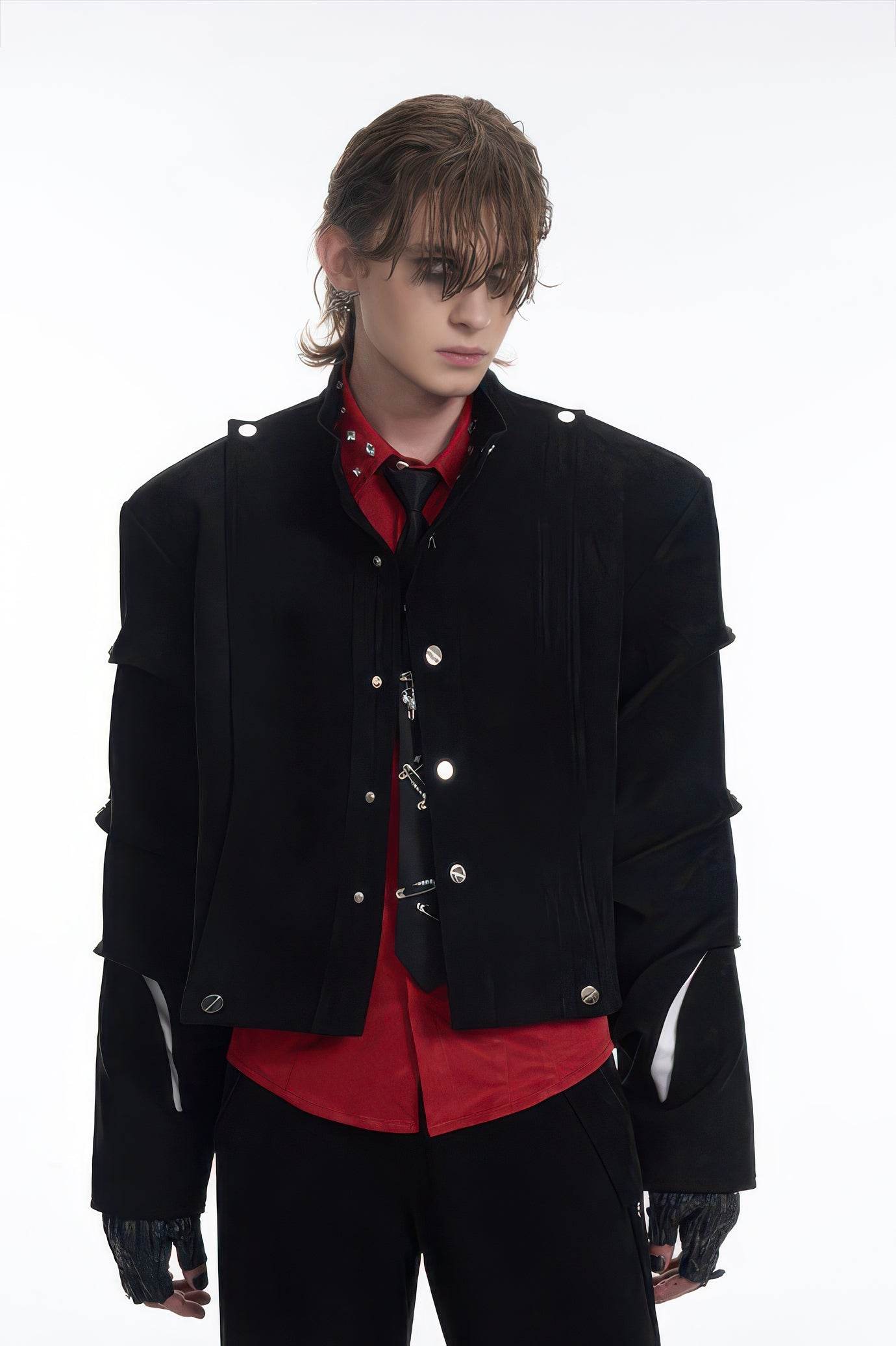 Men's Black Suede Short Jacket - Spring Crinkle Sleeve Coat
