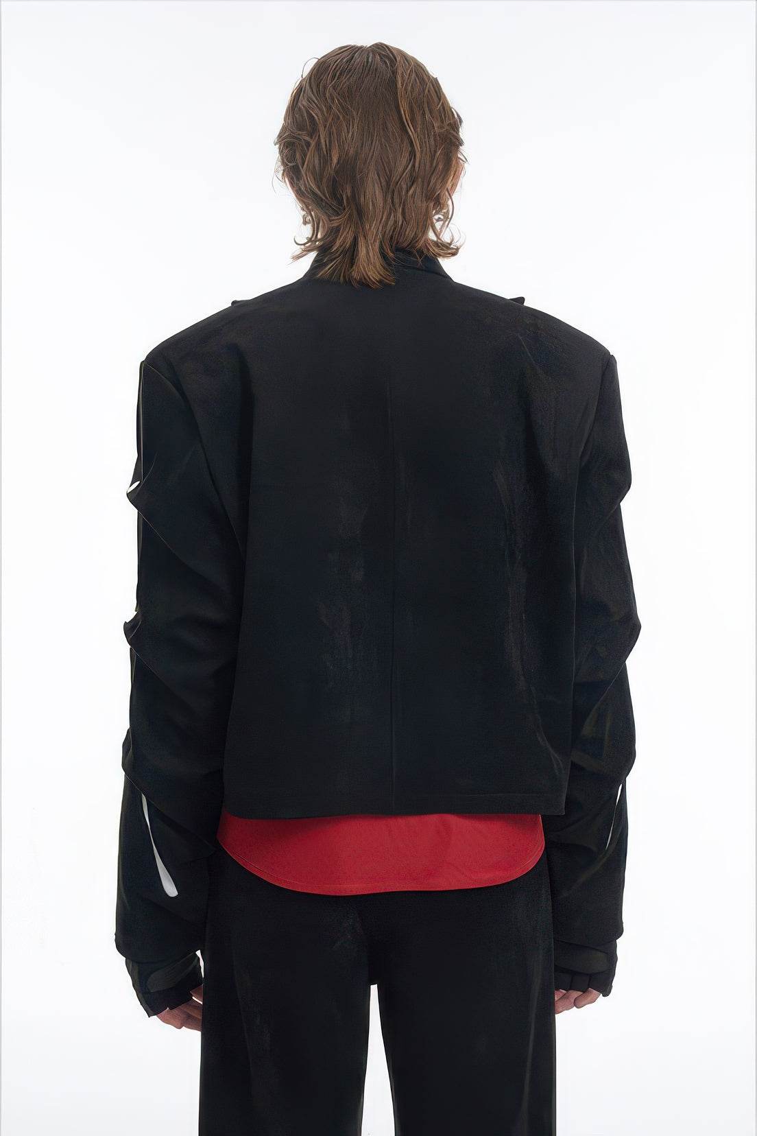 Men's Black Suede Short Jacket - Spring Crinkle Sleeve Coat