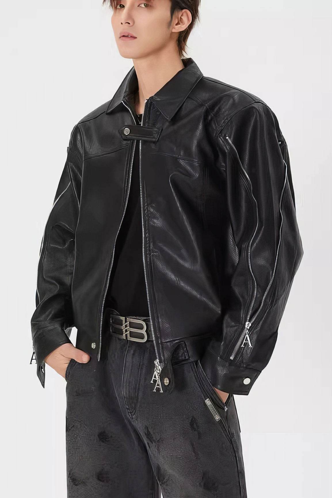 Men's Double Zipper Shoulder-Padded Leather Jacket