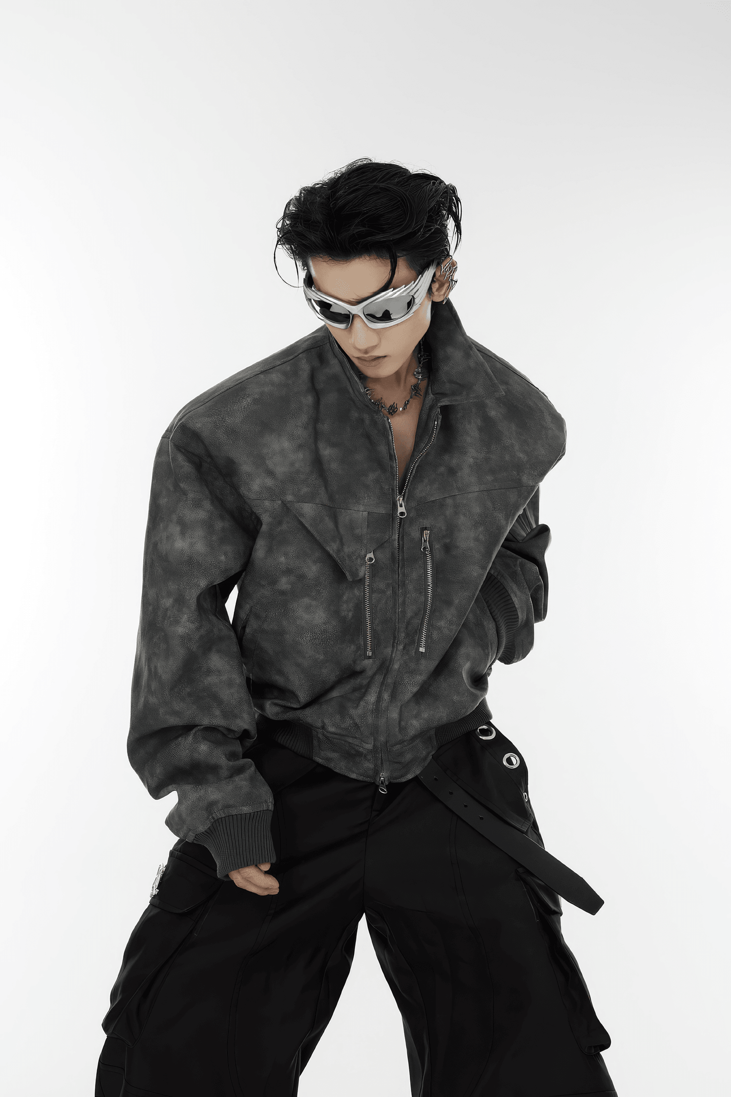 Men’s Trendy Polka Dot Gradient Pink Bomber Jacket with Shoulder Pads & Zipper Details