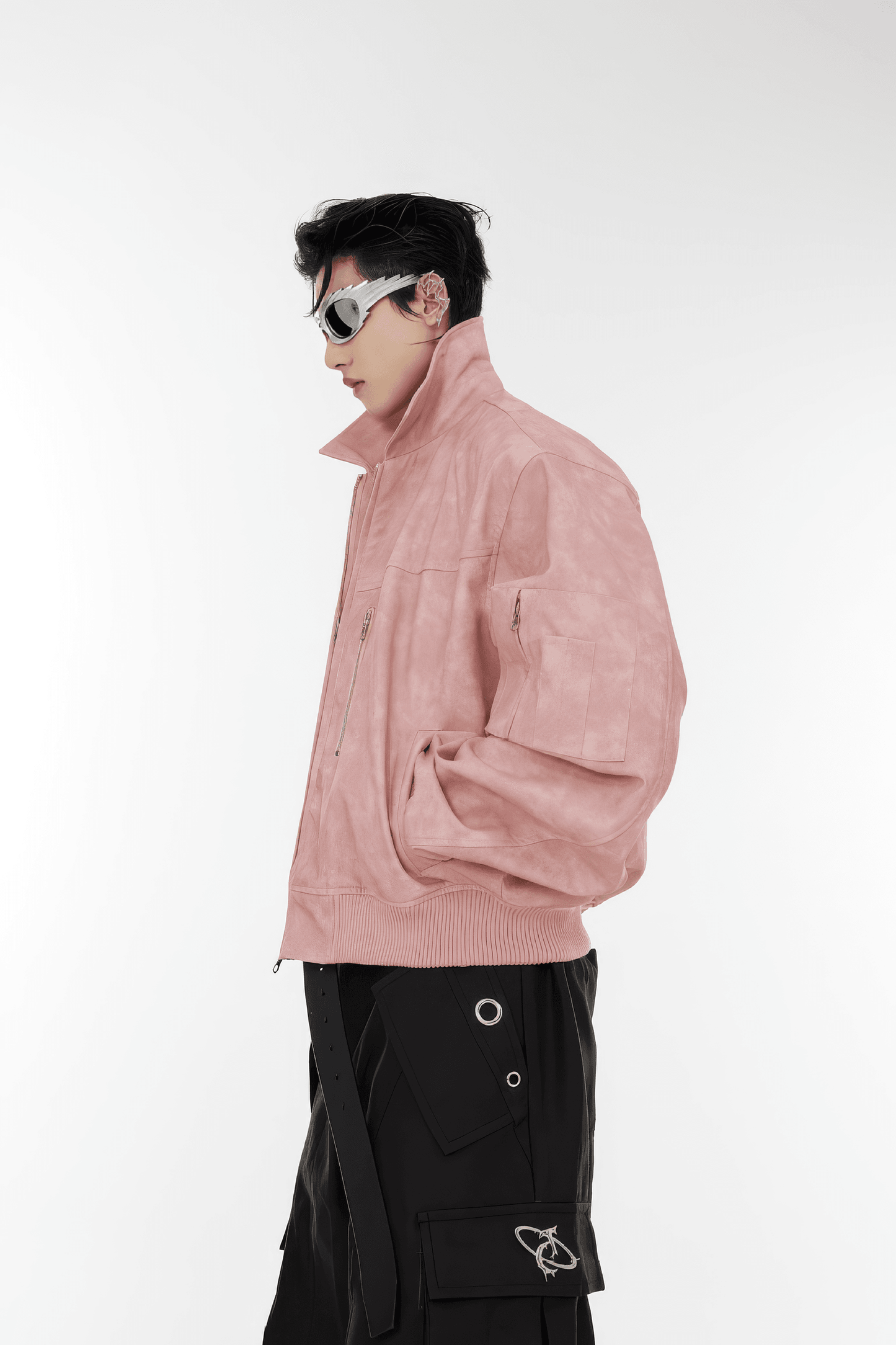 Men’s Trendy Polka Dot Gradient Pink Bomber Jacket with Shoulder Pads & Zipper Details