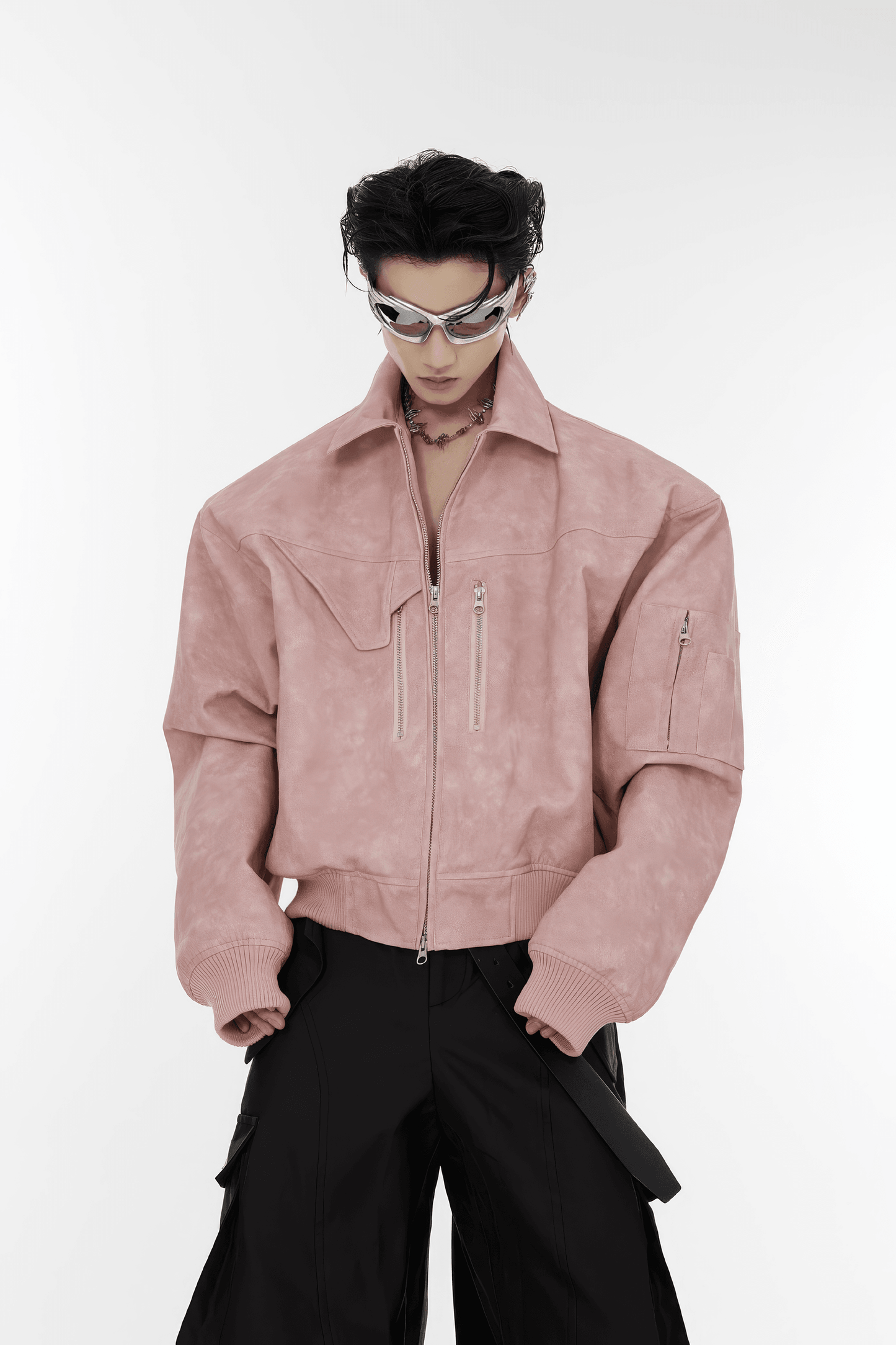 Men’s Trendy Polka Dot Gradient Pink Bomber Jacket with Shoulder Pads & Zipper Details