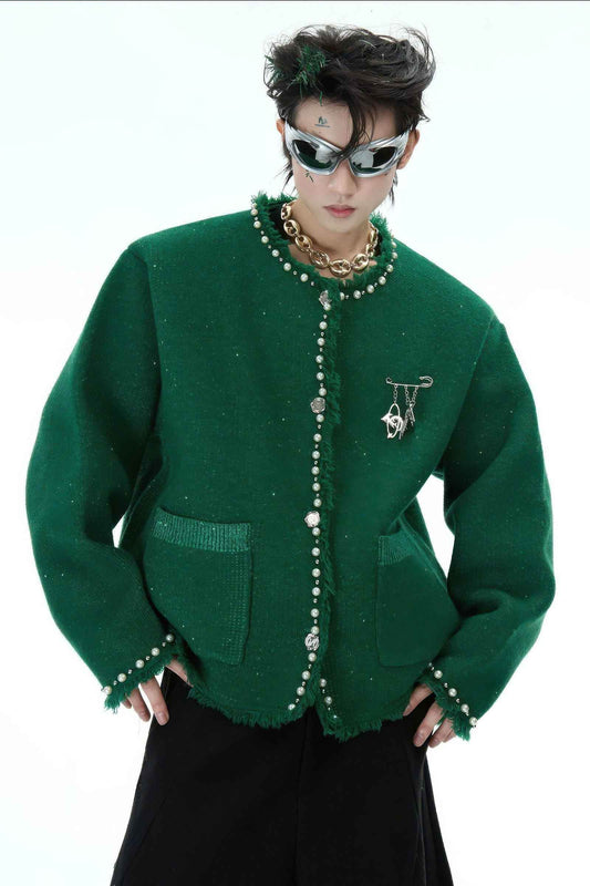 Minimalist Pearl-Decorated Knitted Sweater Jacket with Brooch Accent