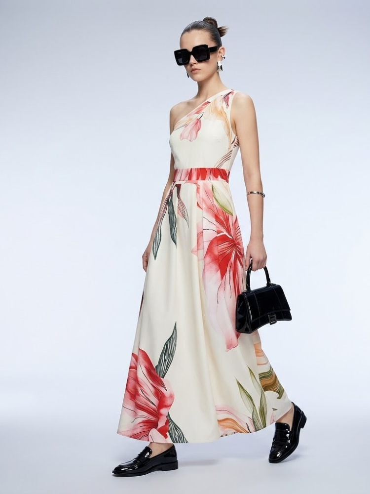 Hamptons Floral One-Shoulder Satin Maxi Dress