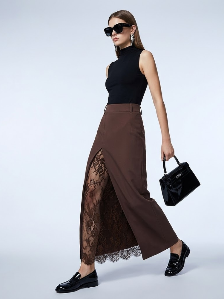 SoHo Chocolate Brown Lace Split Maxi Skirt