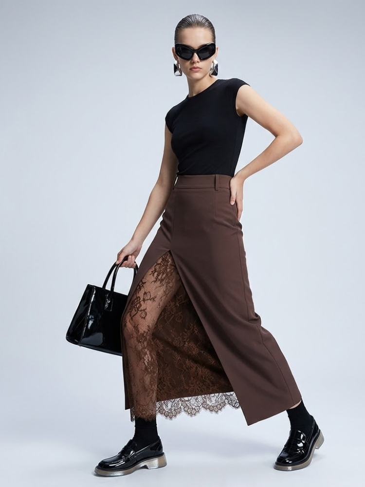 SoHo Chocolate Brown Lace Split Maxi Skirt