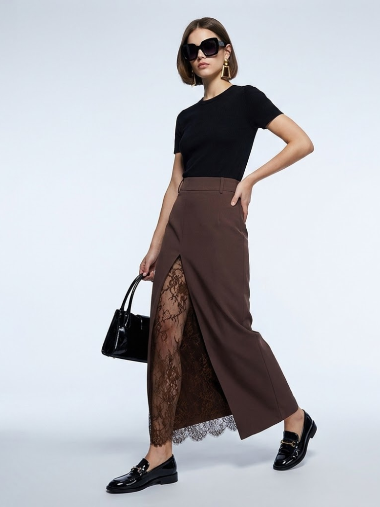 SoHo Chocolate Brown Lace Split Maxi Skirt
