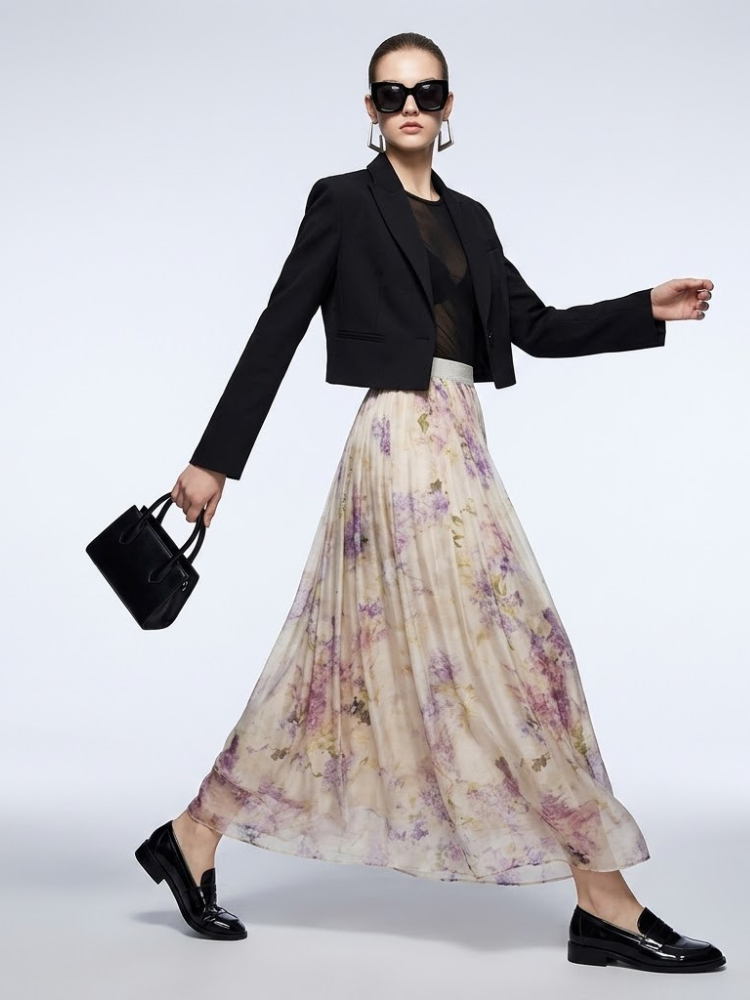 Park Avenue Purple Floral Pleated Tulle Midi Skirt