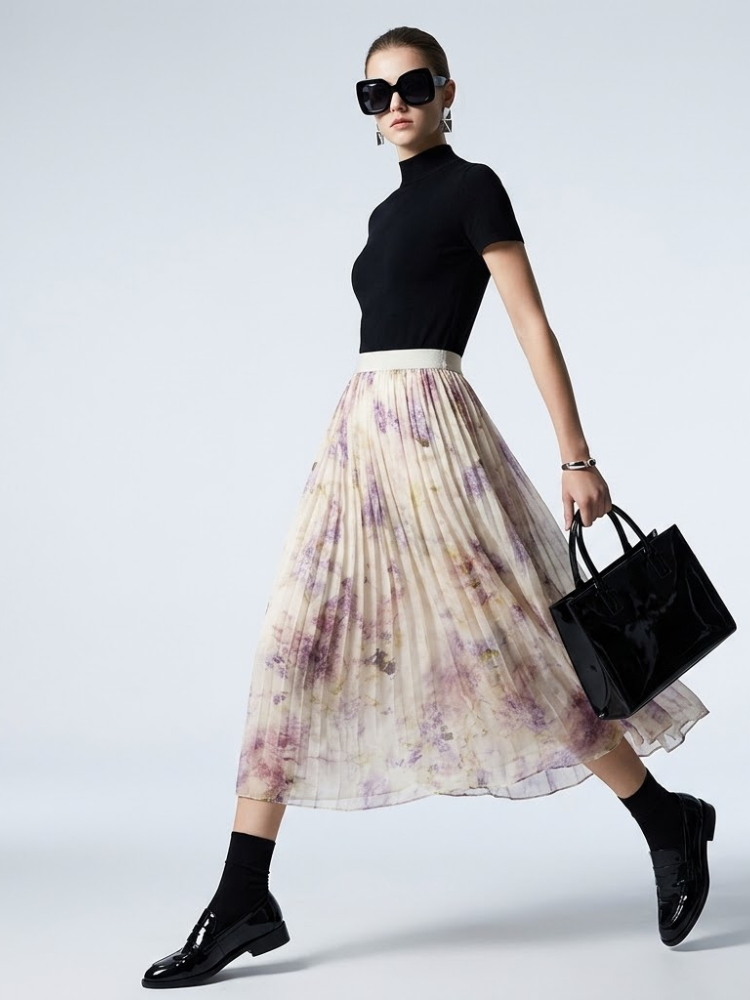 Park Avenue Purple Floral Pleated Tulle Midi Skirt