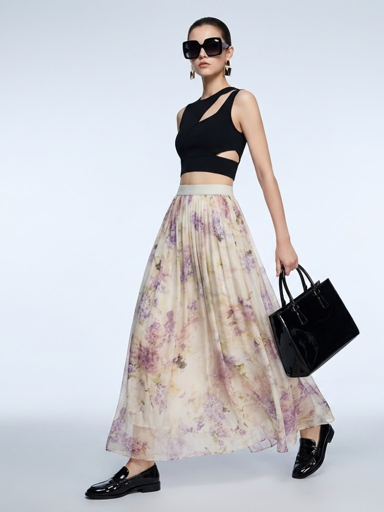 Park Avenue Purple Floral Pleated Tulle Midi Skirt